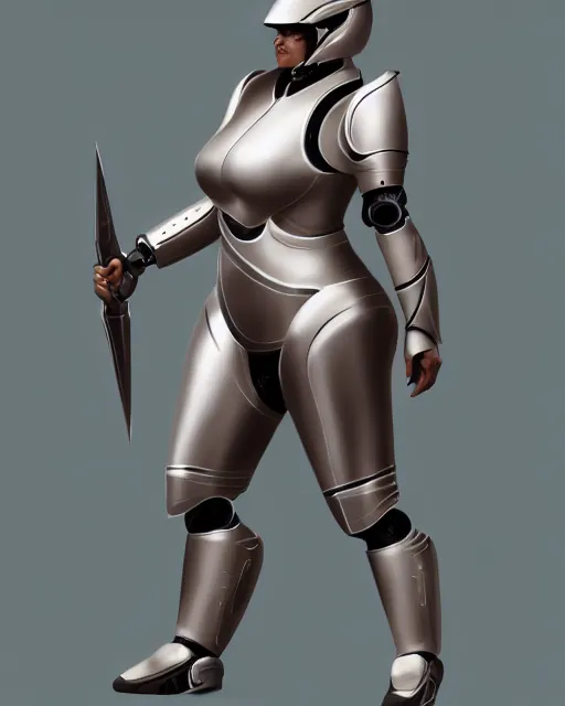 Image similar to concept art of a thicc female futurstic warrior, wearing a futuristic helmet, futurstic smooth slim fitted armor, sleek design, aerodynamic design, holding a large futurstic robotic bow, full body image | | epic - fine - clean, polished, trending on artstation, brush strokes