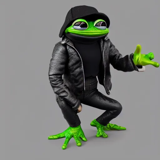 Image similar to perfectly accurate miniature figure of pepe the frog wearing jeans and a black leather jacket, soft textures, skin texture, clothing, 3d sculpture, textured, fine detail, lifelike, photo, high resolution, octane render, post processing, after effects, trending on artstation