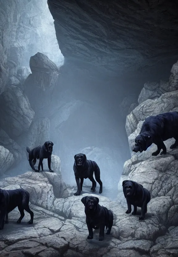 Prompt: a pack of large angry demonic evil monstrous dark black mastiffs made of shadows while exploring a claustrophobic dark blue canyon of stone, oil painting, greg rutkowski, unreal engine, octane render, cinematic lighting, highly detailed