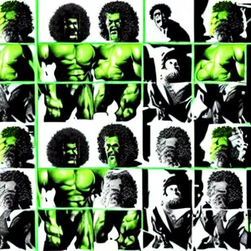 Prompt: photomanipulation of BOB ROSS as hulk, marvel, he is drawing a canvas