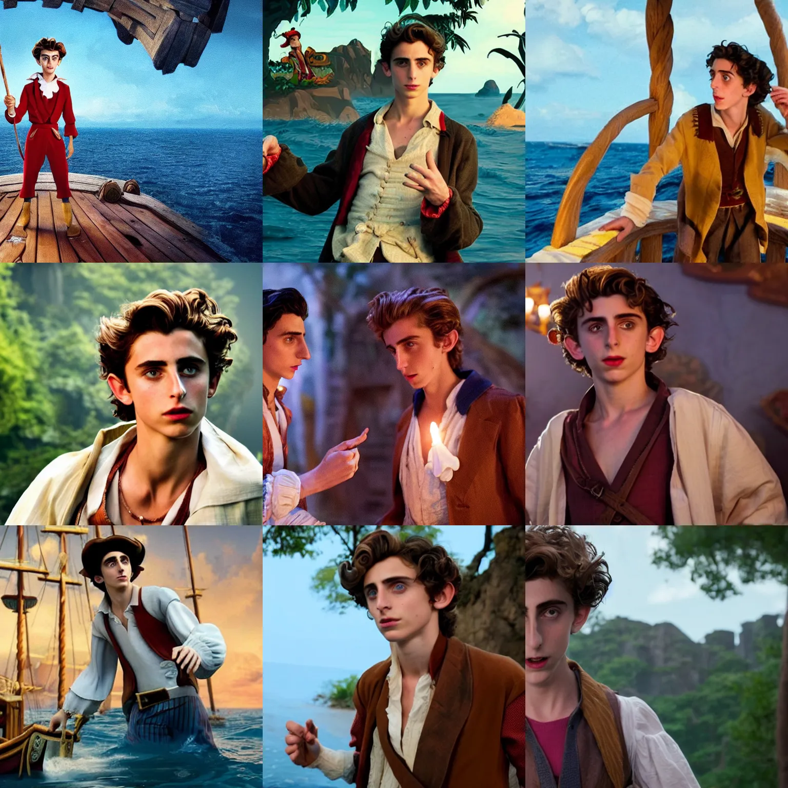 Prompt: still from The Secret of Monkey Island movie, starring Timothee Chalamet as Guybrush Threepwood, directed by Steven Spielberg, shot on film