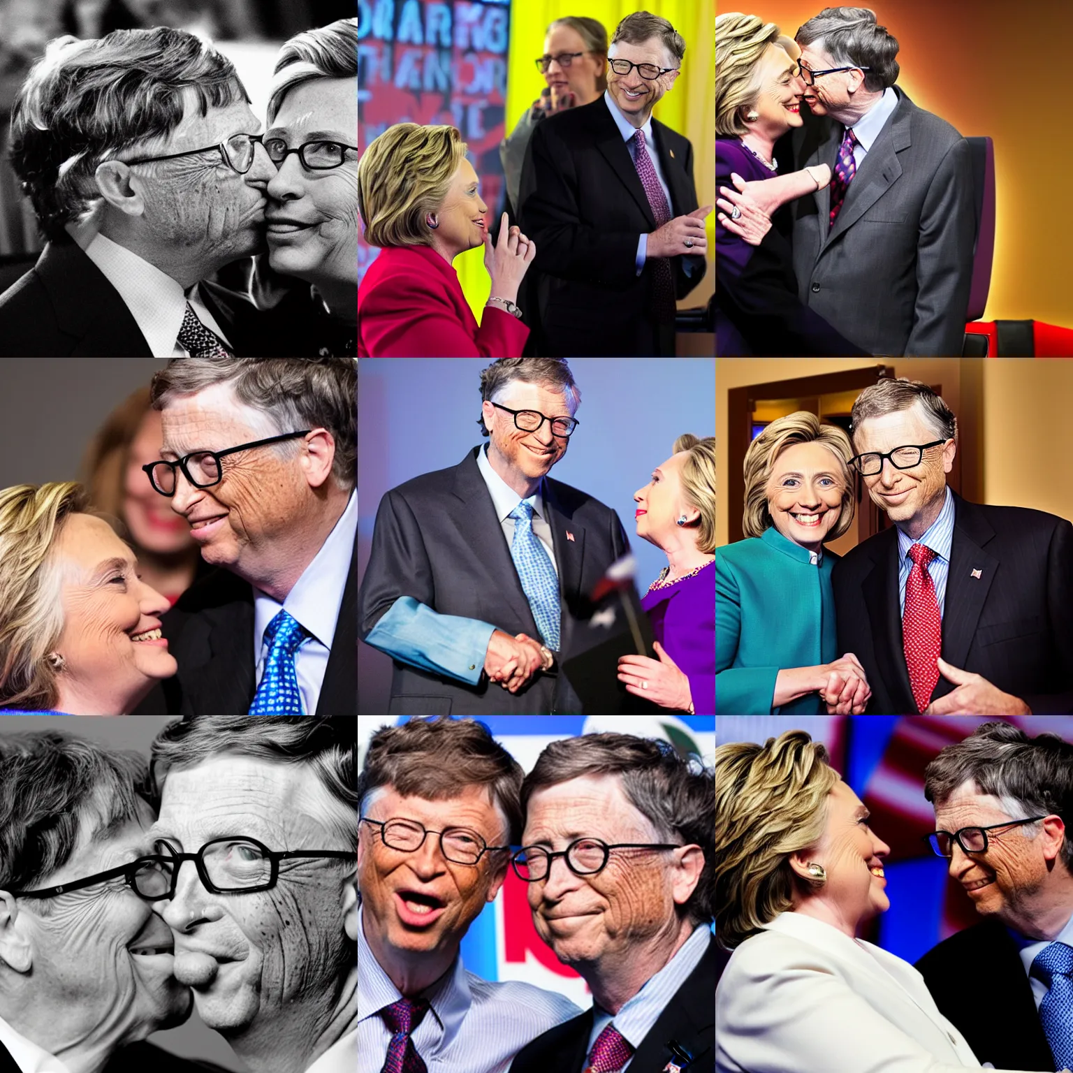 Prompt: hillary clinton tongue kissing bill gates, dynamic lighting, perfect photo, award winning,