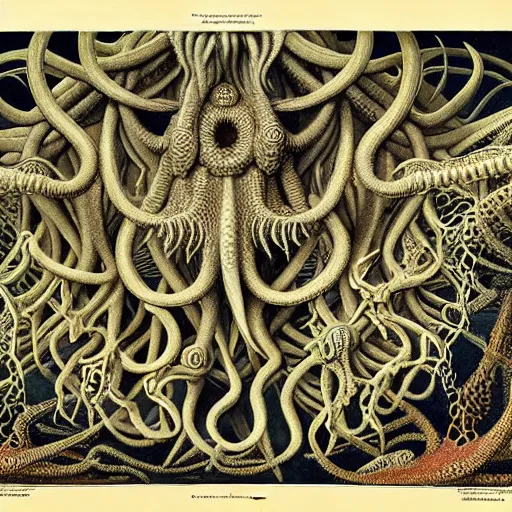 Image similar to hyperrealistic detail atlas of cthulhu creatrues by james audubon ernst haeckel