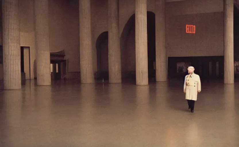 Prompt: 50s movie still close-up portrait of an elder soviet general walking in an empty museum, by David Bailey, Cinestill 800t 50mm eastmancolor, heavy grainy picture, very detailed, high quality, 4k, HD criterion, precise texture and facial expression