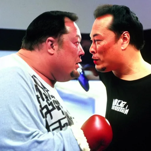 Prompt: obese elon musk fighting obese steven seagal in a boxing match, wet