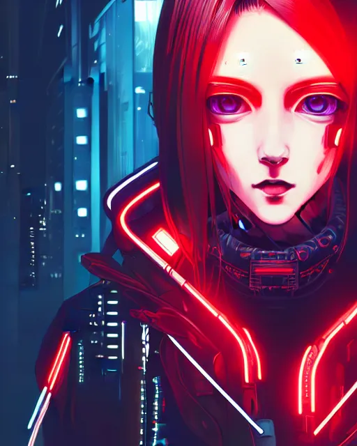 Prompt: a detailed potrait of a cyberpunk cyborg girl with black and red parts, fine - face, realistic shaded perfect face, detailed. night setting. very anime style. realistic shaded lighting poster by ilya kuvshinov katsuhiro, unreal engine, global illumination, radiant light, detailed and intricate environment