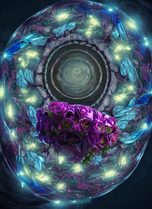 Image similar to An epic fantastic realism comic book style painting of the most beautiful spiraling entwined flowers launched exquisitely across the dark spinning universe, floating bouquets, fisheye, perfect shiny iridescent silver spheres, unreal 5, DAZ, hyperrealistic, octane render, dynamic lighting