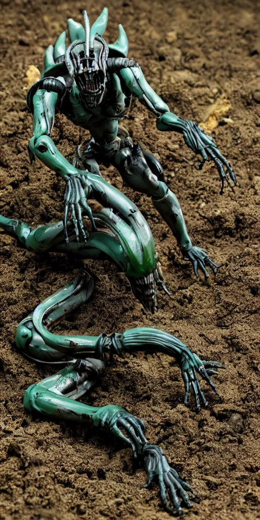 Image similar to bootleg figure of a plastic xenomorph diorama crushed on the ground surrounded of dirt and moss secondhand, mcfarlane, figma, cursed photography