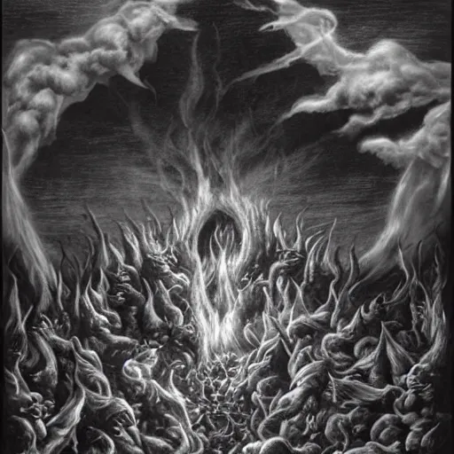 Image similar to the flames of hell as heaven is not, dark art