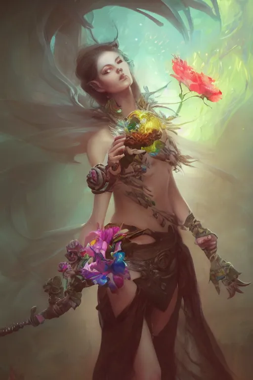 Image similar to beautiful girl necromancer covered with rainbow, 3 d render, hyper realistic detailed portrait, holding magic flowers, ruan jia, wlop. scifi, fantasy, hyper detailed, octane render, concept art, peter mohrbacher