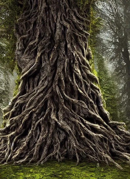 Image similar to a digital 3 d hyperrealistic hyperdetailed ancient tree with an old woman kind face covered with bark and moss, in a dark mysterious dark forest, dramatic mysterious lighting,