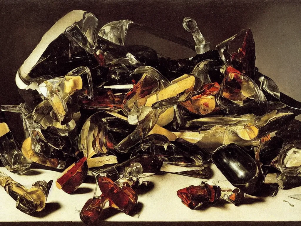 Image similar to by Michelangelo Merisi da Caravaggio Still Life with broken shattered and whole wine bottles