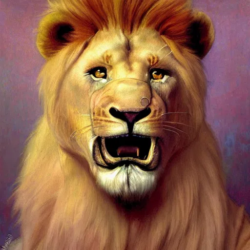 Image similar to hyper realistic albino male furry anthro lion, magical, painted by james gurney, norman rockwell, tom bagshaw, mucha, gaston bussiere, craig mullins, j. c. leyendecker 8 k