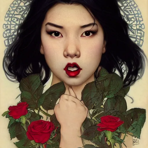 Prompt: portrait of a very beautiful mixed asian vampire, full body, upset expression, by Stanley Artgerm Lau, greg rutkowski, thomas kindkade, alphonse mucha, loish, norman rockwell, J. C. Leyendecker. black hair, light skin, detailed eyes, red lips. rose frame. Trending on artstation rule of thirds extremely detailed illustration hd 4k