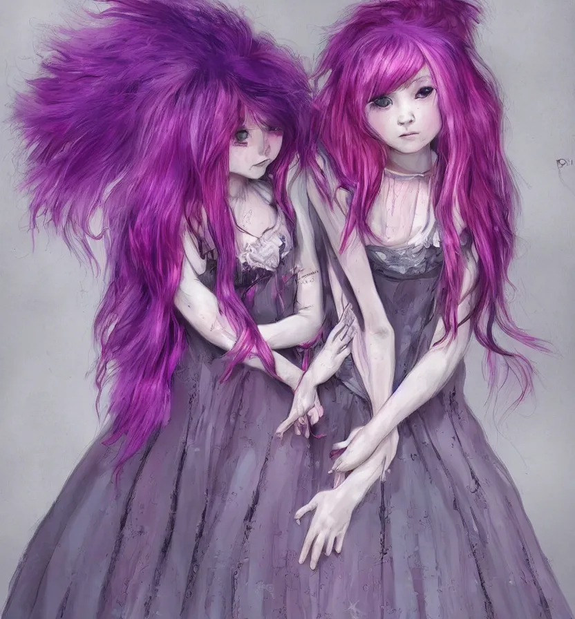 Image similar to little girl with eccentric pink hair wearing a dress made of purple fur, anatomically perfect, art by dcwj,