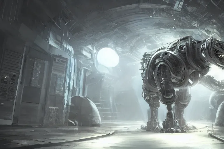 Image similar to robosaurus parallax datacenter server room interior single mono colossus white rusty robot sitting artstation cinematic detailed concept art volumetric light sharp coherent cgsociety symmetric perfect well balanced shadows lotr technogoddess simonetti