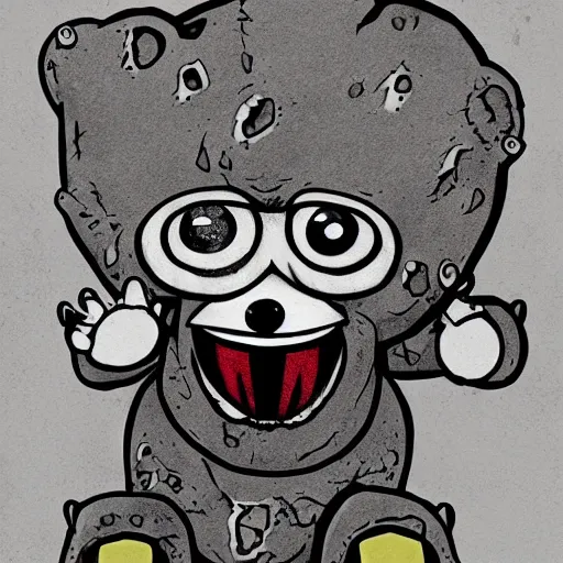 Prompt: grunge cartoon drawing of a teddy bear with bloody eyes by - danny phantom, loony toons style, horror theme, detailed, elegant, intricate