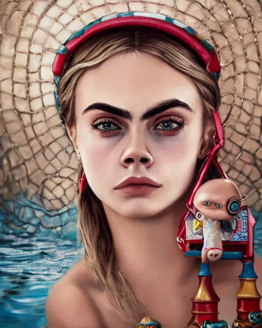 Image similar to closeup face profile portrait of cara delevingne as a tin toy swim champ, bikini, depth of field, zeiss lens, detailed and intricate environment, fashion photoshoot by nicoletta ceccoli, mark ryden, lostfish, breathtaking, 8 k resolution, artistic, hyperrealistic, octane render
