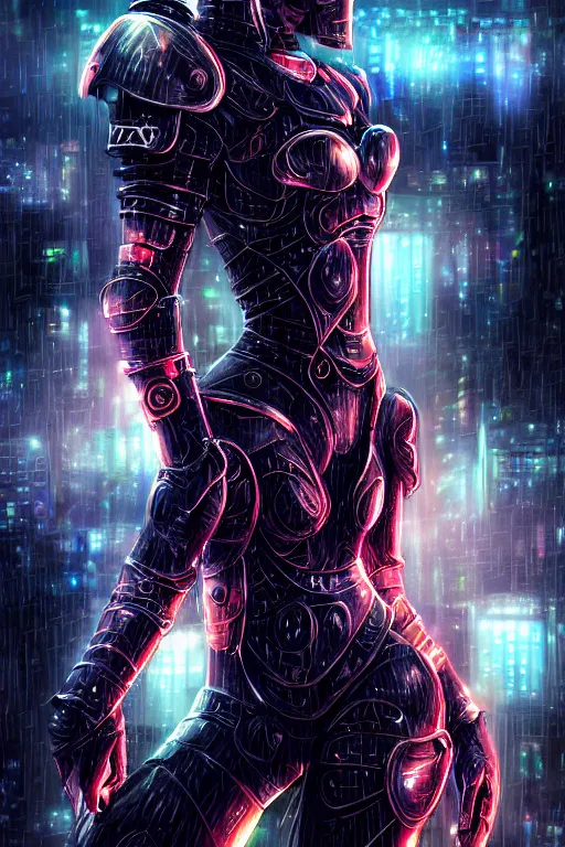 Image similar to portrait of evilly and strong stunning futuristic knights of Zodiac girl, black and copper armor, in futuristic heavily raindrop tokyo rooftop cyberpunk night, ssci-fi, fantasy, intricate, very very beautiful, elegant, neon light, highly detailed, digital painting, artstation, concept art, human anatomy, soft light, hdri, smooth, sharp focus, illustration, art by tian zi and craig mullins and WLOP and alphonse mucha