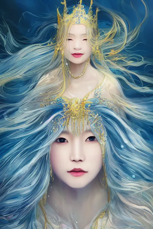 Image similar to a beautiful young asian woman, Queen of the Sea Mu Yanling, long flowing white hair, blue yellow robe with wide feather like quality, water flowing and floating around, young female face, liquid magic, cinematic top lighting, insanely detailed and intricate, face by wlop, Charlie Bowater, golden ratio, symmetric, elegant, ornate, luxury, elite, matte painting, MTG, magic the gatheing, cinematic, cgsociety, 8k, high resolution,