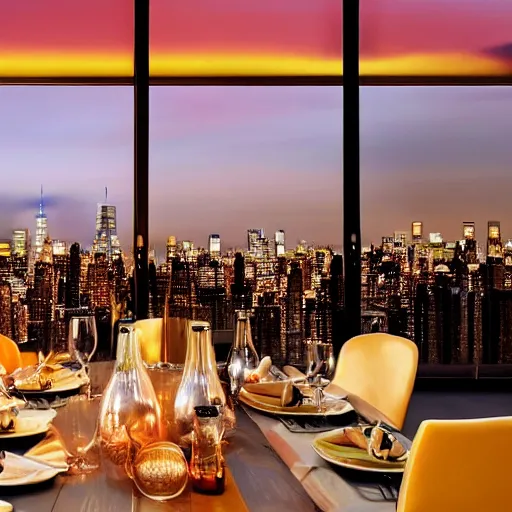 Prompt: artistic sparse simple luxurious glowing candle - lit dinner with wine bottle overlooking the blurred out new york city skyline