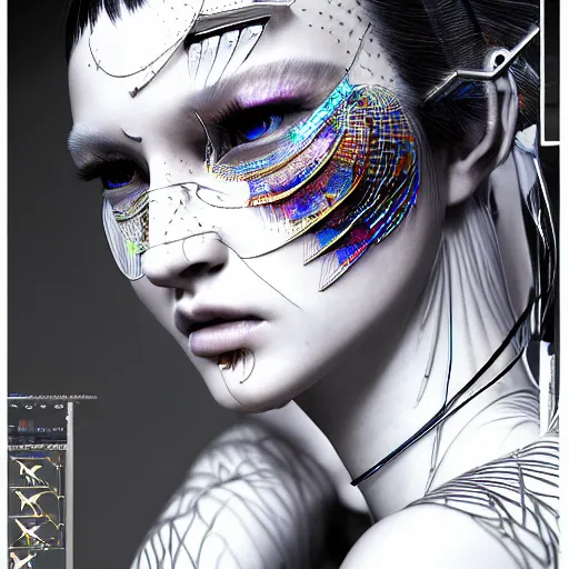 Image similar to the portrait of an absurdly beautiful, graceful, sophisticated, fashionable cyberpunk gravure idol, an ultrafine hyperdetailed illustration by kim jung gi, irakli nadar, matt wisniewski, tribal makeup, intricate linework, iridescent wiring, porcelain skin, unreal engine 5 highly rendered, global illumination, radiant light, detailed and intricate environment