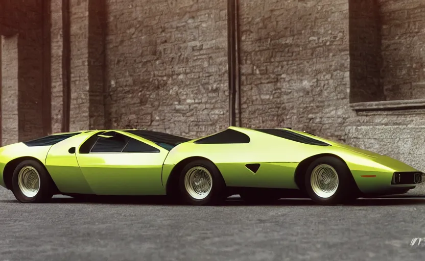 Image similar to designed by Giorgetto Giugiaro stylized poser of a single, 1973 Miura Citroen DM BMW M1 (McLaren F1) DeLorean, thick neon lights, ektachrome photograph, volumetric lighting, f8 aperture, cinematic Eastman 5384 film