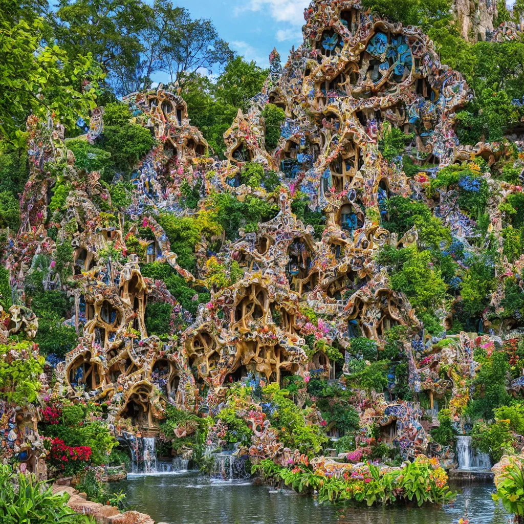 Image similar to valley village on the lake, waterfalls, flowers and intricate detailed visionary architecture and gardens by antoni gaudi, john stephens, alex gray