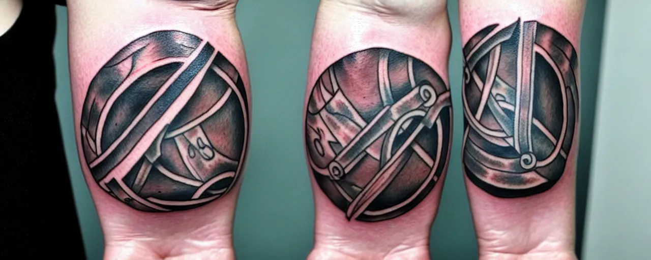 Image similar to Ugly tattoo of hammer from Nordic mythology, amateur, worst