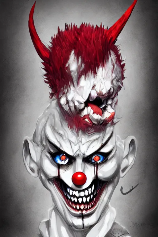 Image similar to a demon clown, highly detailed, digital art, sharp focus, trending on art station, anime art style