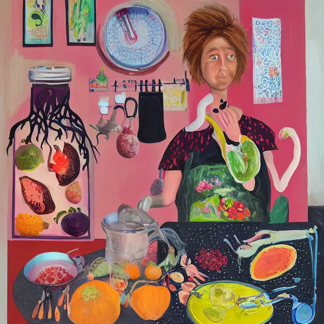 Prompt: a portrait in a female artist's kitchen, a queer woman holding a papaya, surgical equipment, japanese pottery, australian wildflowers, a brain, feminine, organic, octopus, squashed berries, pancakes, black underwear, neo - expressionism, surrealism, acrylic and spray paint and oilstick on canvas