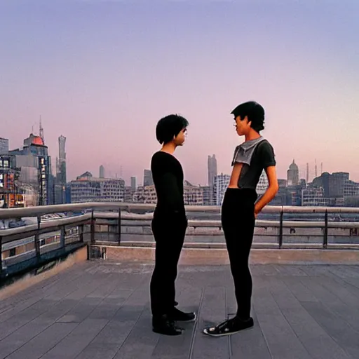 Prompt: a small rooftop with a couple of modern teenagers, standing and talking to each other, wearing black modern clothes, modern shanghai bund is on the background, sunset, by gregory crewdson, by hajime sorayama