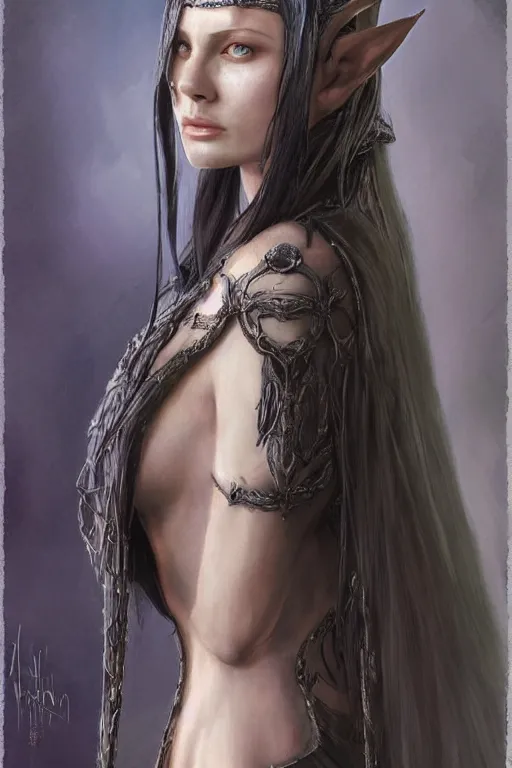 Prompt: portrait, headshot, digital painting, of elven warrior Arwen, beautiful, tall, long dark hair, dark blue satin dress, realistic, hyperdetailed, chiaroscuro, concept art, art by allan Ramsay