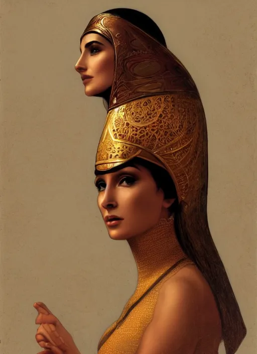 Prompt: leila bekhti as nefertiti, intricate, elegant, highly detailed, digital painting, artstation, concept art, smooth, sharp focus, illustration, art by rutkowski, aleksi briclot, mucha, orientalism, bouguereau