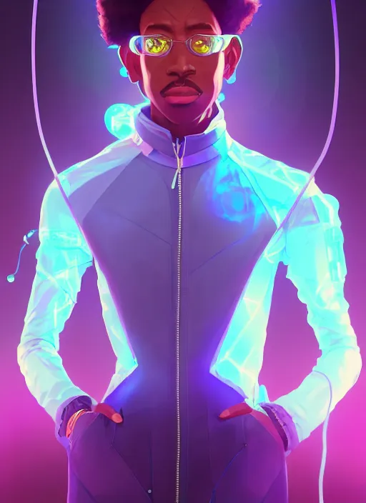 Prompt: afro - futurist scientist ( male, masculine ) in a lab studying holographic schematics + medium length shot | hyperrealistic digital painting by makoto shinkai, ilya kuvshinov, lois van baarle, rossdraws | afrofuturism in the style of hearthstone and overwatch, trending on artstation | purple palette and complimentary colors