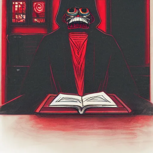 Image similar to dark lord sitting at desk, 3 / 4 view, portrait, ghibli, red demon cyberpunk symbols