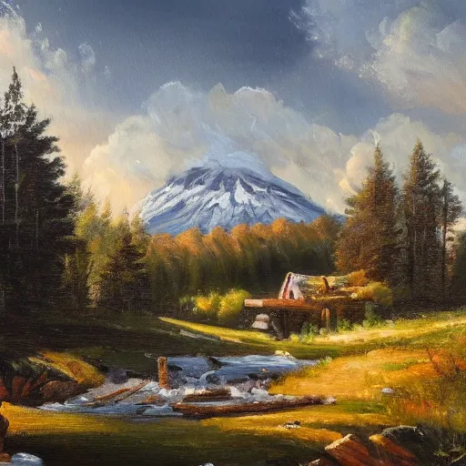 Prompt: beautiful oil painting, snowy woodland meadow, log cabin, smoke billowing from chimney, water stream, water wheel, oak trees, pine trees, mild breeze wind, mountain in background, high detailed
