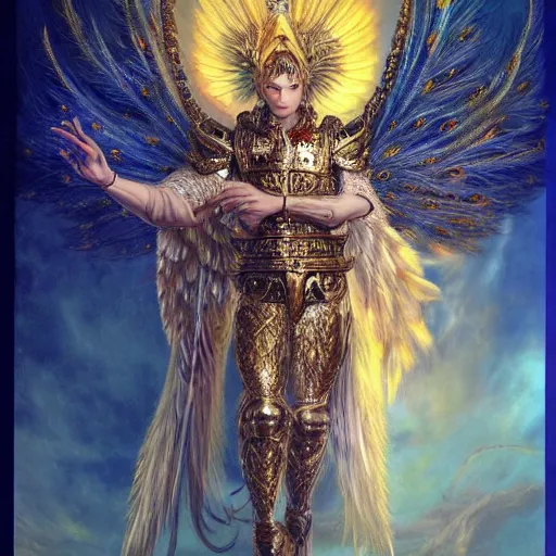 Prompt: beautiful full body male angel with peacock feathers ,golden armor, shining light, gems, god rays by Karol Bak, Ayami Kojima, Amano