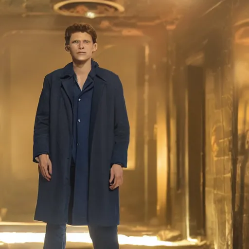 Image similar to tom holland as a rough dirty old man with a scruffy beard in a dark blue trenchcoat as the new doctor who, cinematic, volumetric lighting, f 8 aperture, cinematic eastman 5 3 8 4 film, photorealistic