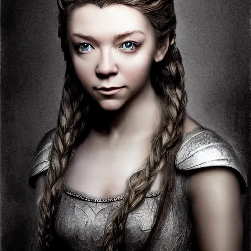 Image similar to head and shoulders photography portrait margaery tyrell in the style of luis royo