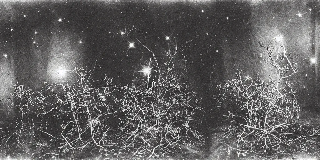 Prompt: photography of stars and galaxys being overgrown by roots and edelweiss, 1. 2 f, 3 5 mm, dark, eerie, 1 9 2 0 s ghost photography