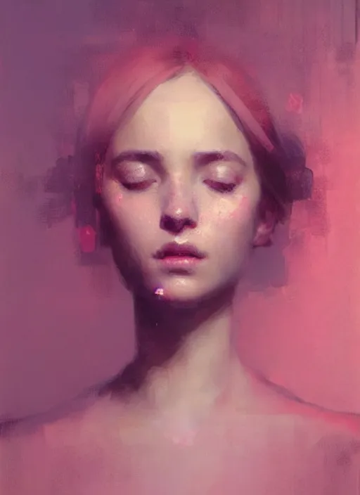 Image similar to portrait of a beautiful girl, eyes closed, shades of pink, beautiful face, rule of thirds, intricate outfit, spotlight, by greg rutkowski, by jeremy mann, digital painting