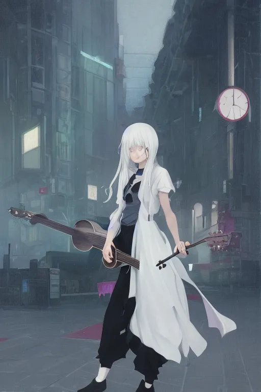 Image similar to a white haired girl with a guitar on her back shopping at a convenience store at night, grey and dark theme, s line, 4 5 angel by krenz cushart and mucha and makoto shinkai and akihito yoshida and greg rutkowski, nier : automata inspired, 4 k resolution