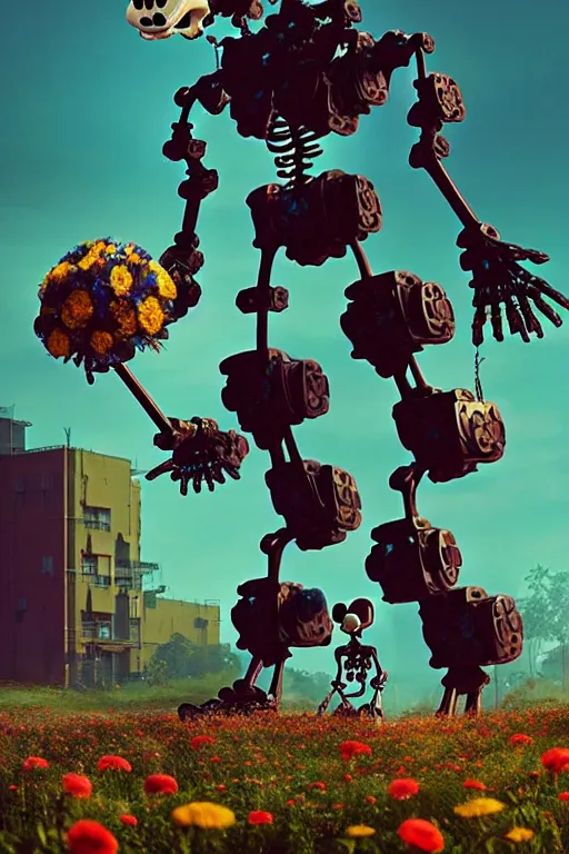 Prompt: a skeletal, mickey mouse made out of flowers and bones, taking a giant robot for a walk in the cyberpunk countryside by beeple, nychos and arcimboldo, highly detailed octane render