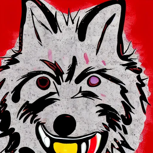 Image similar to portrait of retarded wolf, eyes in different directions, vivid colors, very poor, propaganda style, it looks sick, very ugly face, tongue out