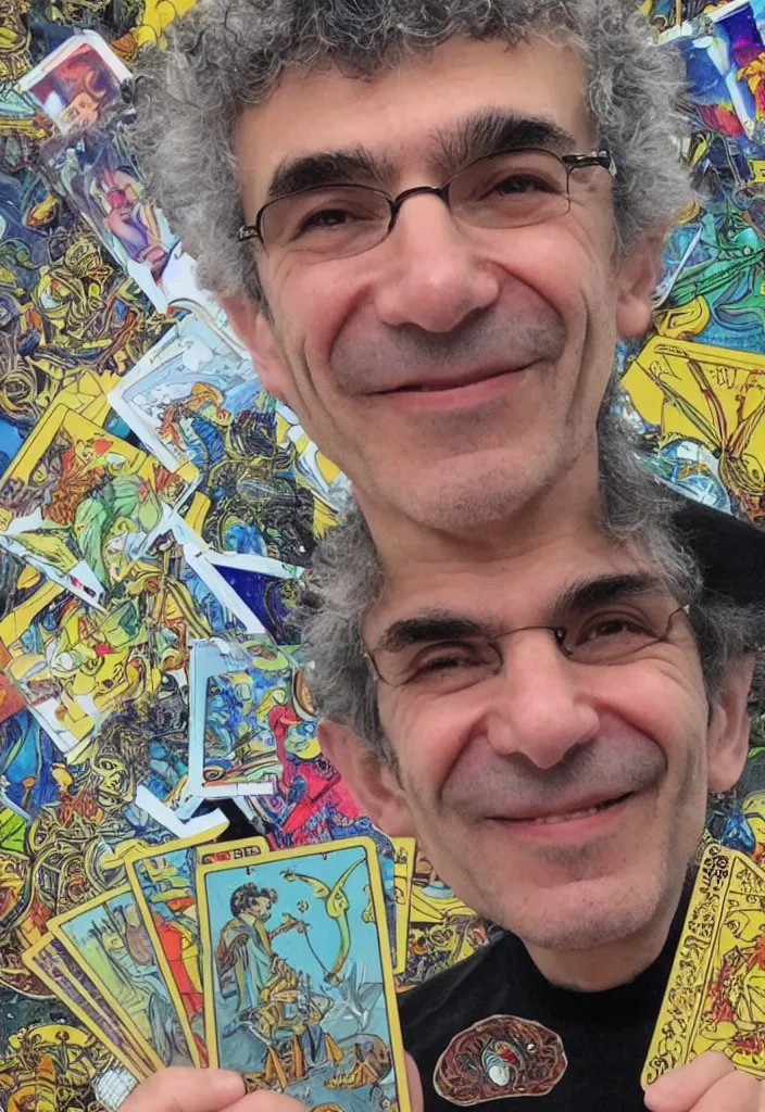 Prompt: Yoshua Bengio smiling on the Tarot card. Illustration.