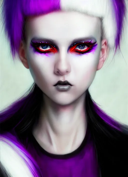 Image similar to whitebangs, black hair, black cyberlox, portrait of white teenage girl, normal face, white bangs, fluffy bangs, cyberlox, whitebangs, red contact lenses, purple background, intricate, elegant, highly detailed, digital painting, artstation, concept art, sharp focus, smooth, illustration, art by wlop, mars ravelo and greg rutkowski