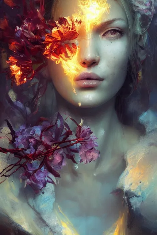 Image similar to abstract face closeup of beautiful girl covered with fire and water, 3 d render, hyper realistic detailed portrait, holding magic flowers, ruan jia, wlop. scifi, fantasy, hyper detailed, octane render, concept art, by peter mohrbacher, by wlop, by ruan jia