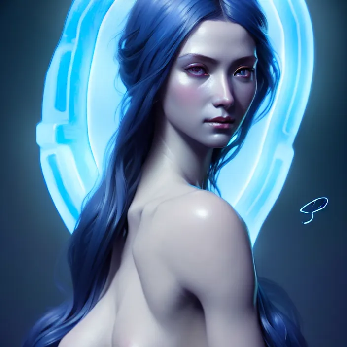 Image similar to beautiful digital painting of a goddes stylish female with high detail, real life skin, blue colors, 8 k, stunning detail, works by artgerm, greg rutkowski and alphonse mucha, unreal engine 5, 4 k uhd