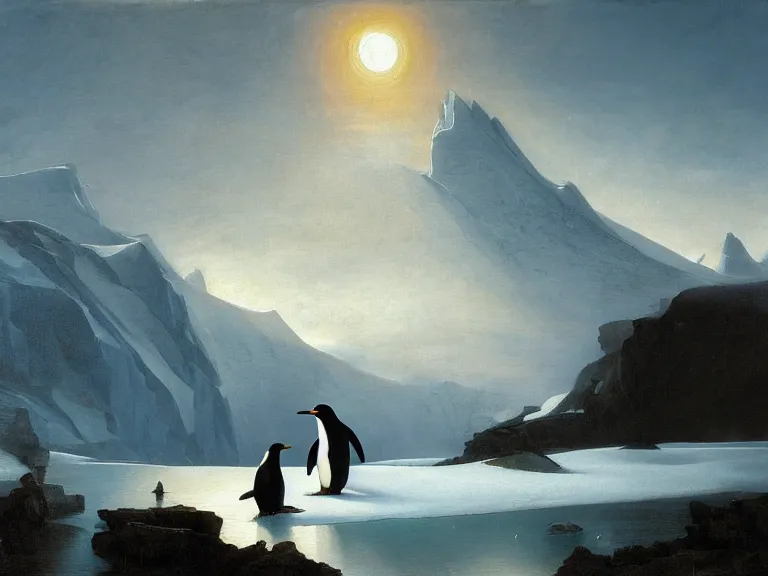 Image similar to an oil painting of a penguin and a misty glacier at dawn. by tuomas korpi and carl spitzweg. baroque elements. intricate artwork by caravaggio. oil painting. oil on canvas. award winning. dramatic. trending on artstation. 8 k